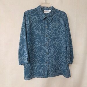 Alfred Dunner Blouse Women 16 Blue Linen Tropical Palm Leaf Button Up 3/4 Sleeve